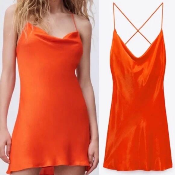 Zara Orange Satin Effect Mini Slip Dress Small - Picture 2 of 5